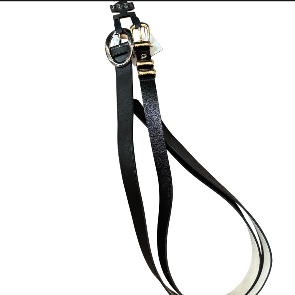 NWT Two Black ( silver/black and gold/black Women’s Leather Belts, size Medium